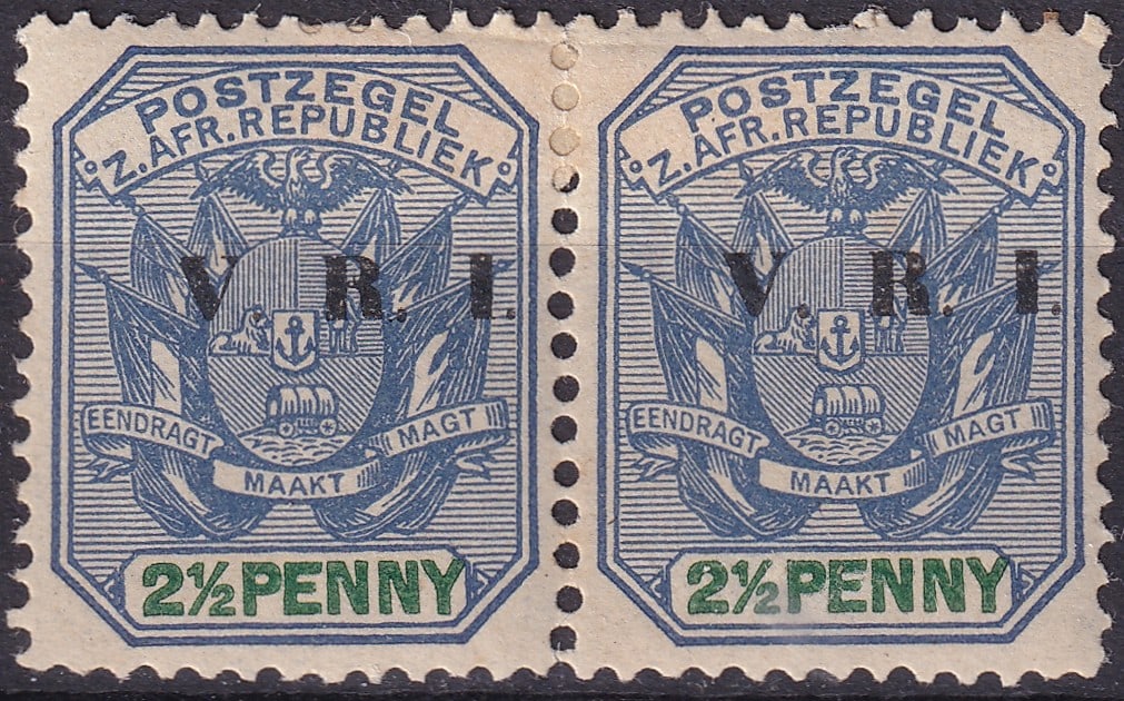 1900 Transvaal V.R.I. Overprint 2½d Blue Block of Two Michel ZA-TV 87: This lot comprises a mint never hinged block of two of the 2½ penny denomination from Transvaal, issued in 1900 during the British military occupation following the Second Boer War, featuring t