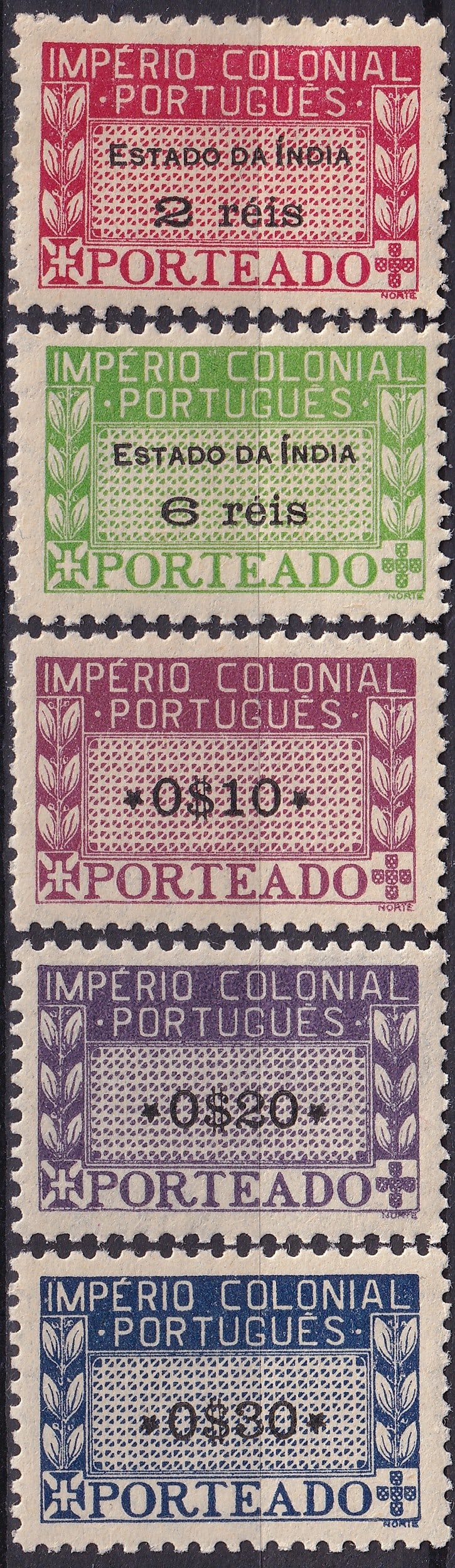 1945–1946 Portuguese India and Colonies Postage Due Group Michel PT-IN P37 P40 PT-AF P1–P3: This group comprises a representative selection of Portuguese colonial postage due stamps issued during the immediate post-war period of 1945–1946, illustrating the standardized typographic designs