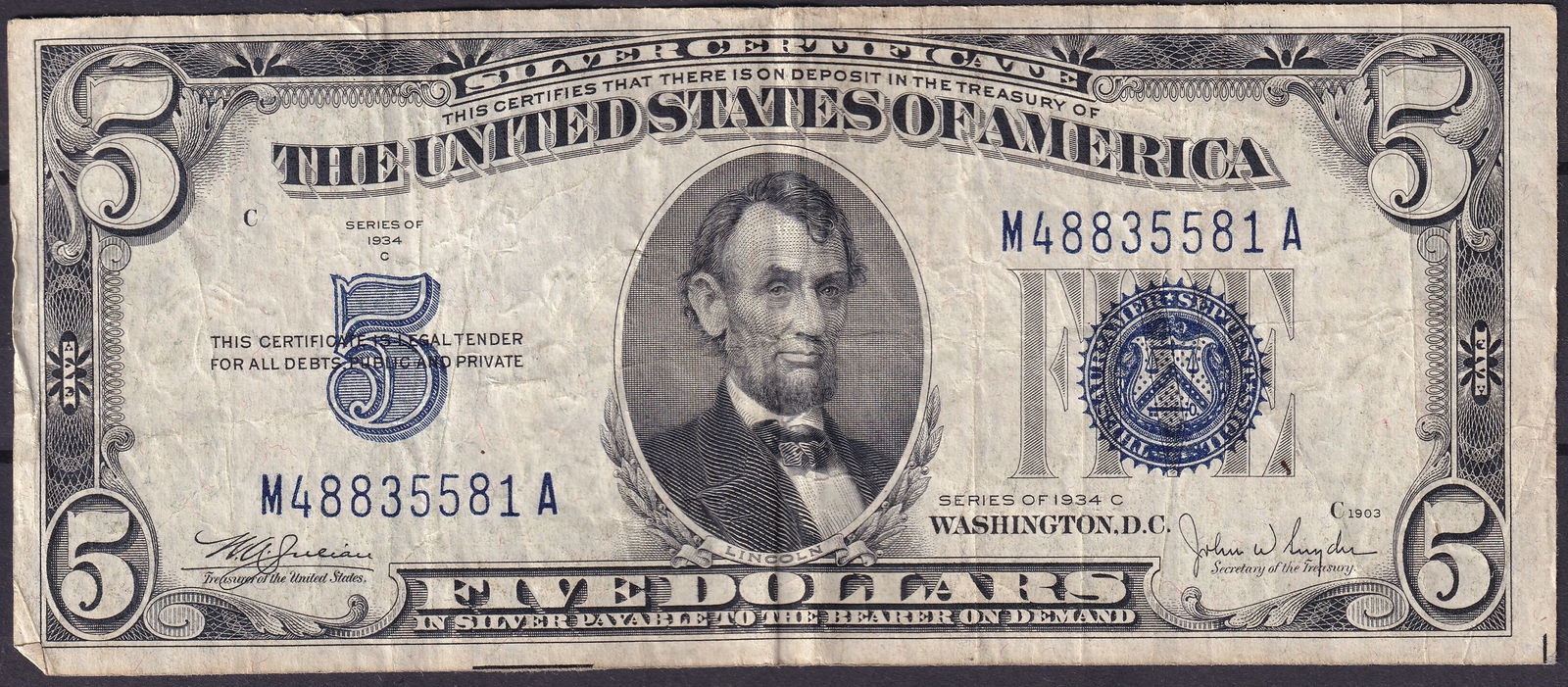 USA 1934-C Silver Certificate $5 Blue Seal, Series Lincoln (M48835581A) (1 of 2)