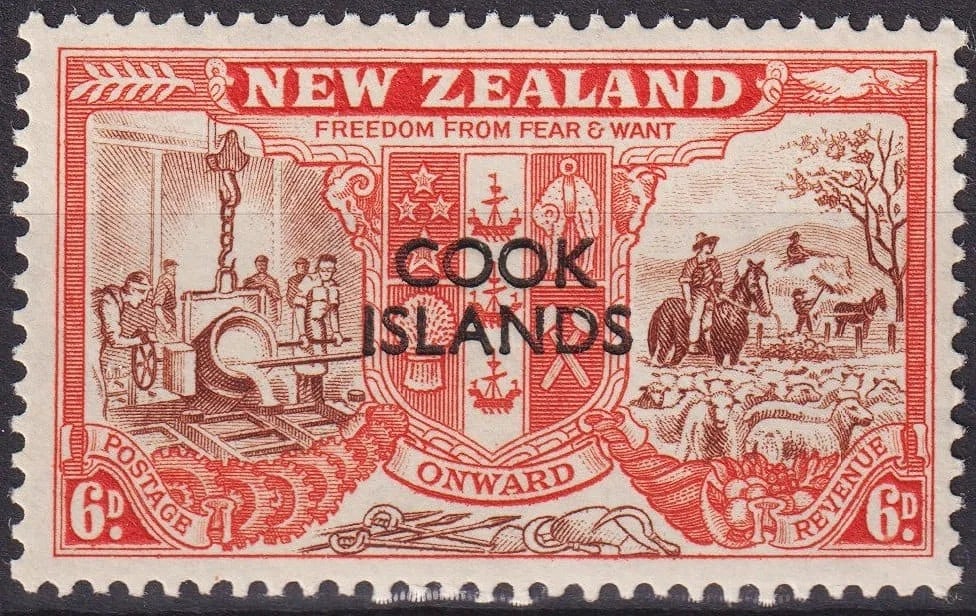 1946 Cook Islands Scott #129 Peace and Victory 6d MH: Issued in 1946, this Cook Islands overprint on the New Zealand “Peace and Victory” issue belongs to the post-war commemorative series celebrating freedom and reconstruction after the Second Wo