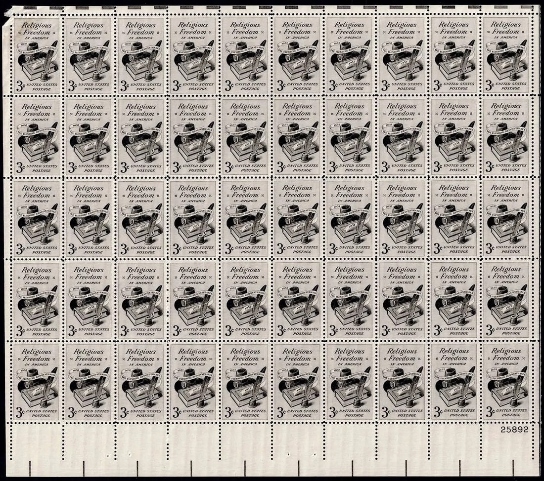 1955 US Religious Freedom 3 cent Plate Block of 50, Mint Never Hinged (1 of 2)