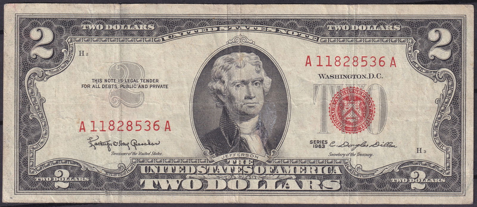United States 1963 $2 Red Seal Jefferson Note – Series 1963, Fr. 1501 (1 of 2)
