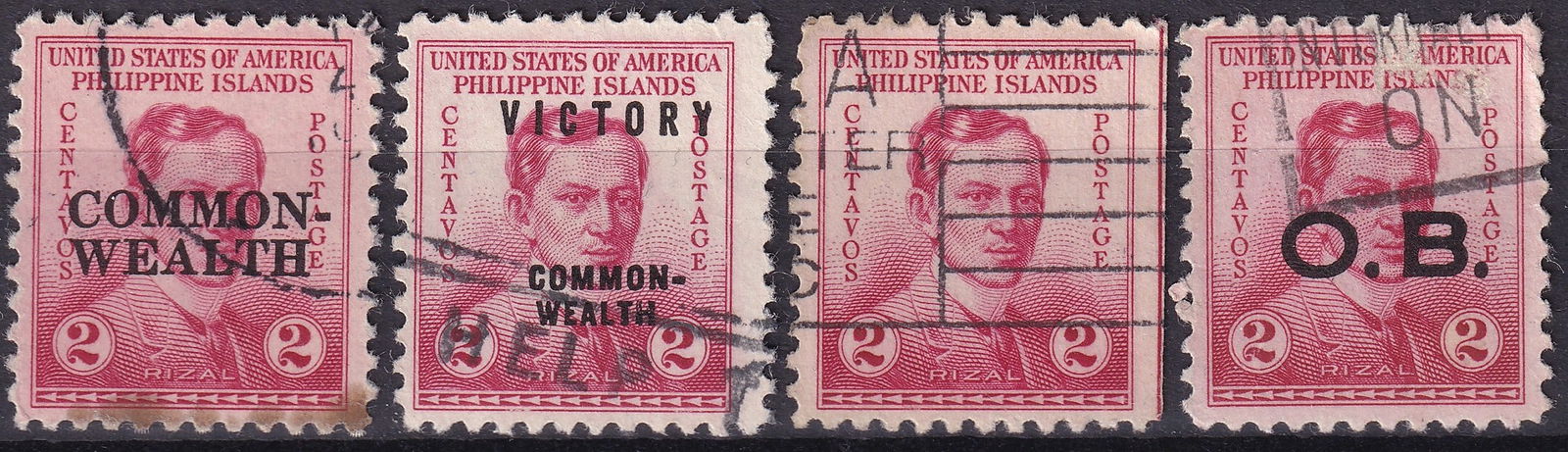 1935-1940 Philippines Rizal Overprints, Set of 4 Types, Scott PH 383?O15 (1 of 2)