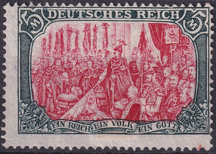 1920 Memel German Realm Issue Mi DR KL V97BII: This 1920 Memel German Realm issue represents the distinguished 5 Mark engraved stamp originally produced by the Reichsdruckerei in Berlin and later authorized for postal use in the Memel Territory du