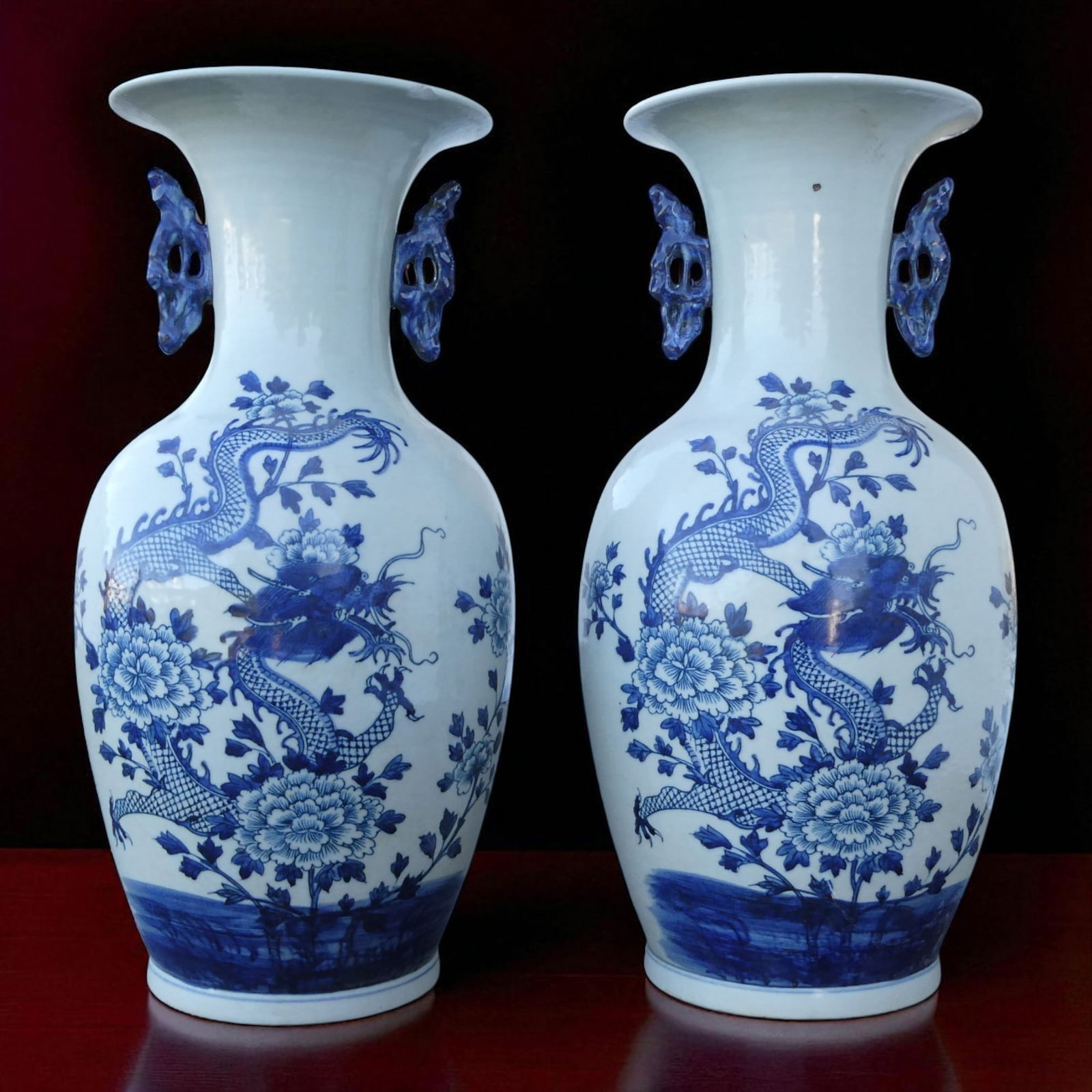 Qing Dynasty blue and white dragon vases, pair, 43 cm tall (1 of 9)