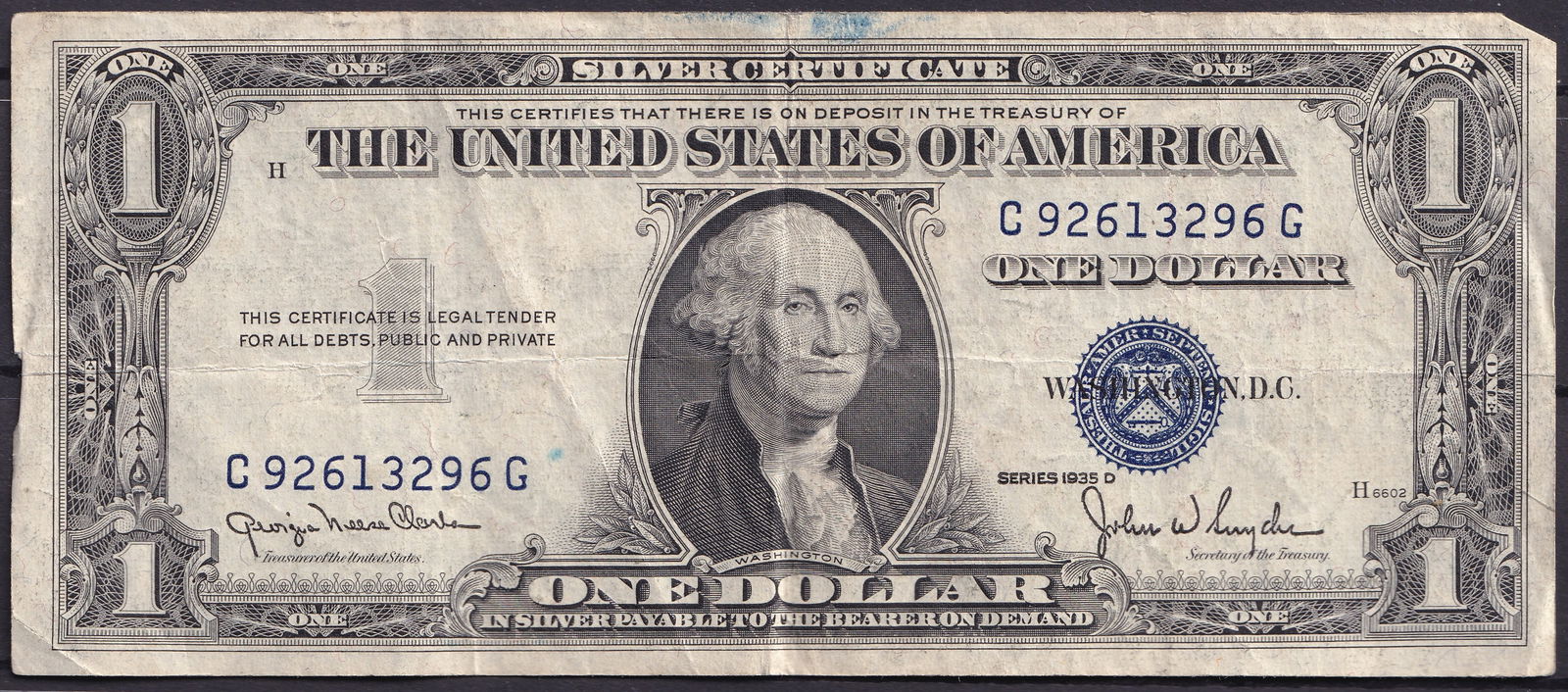 USA 1935-D Silver Certificate $1 Blue Seal, Series Washington (C92613296G): Issued by the United States Treasury in Washington, D.C., this 1935-D $1 Silver Certificate represents one of the most iconic notes of 20th-century American currency. Printed in blue and black inks on