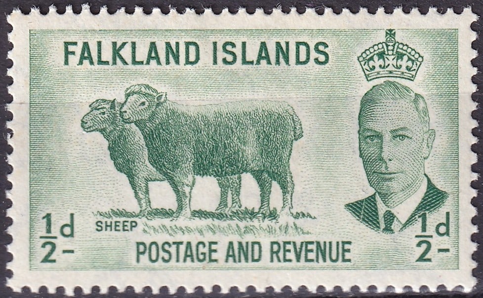 1952 Falkland Islands ½d Sheep Definitive (Scott 107): Issued on 2 January 1952, this ½-penny definitive from the Falkland Islands forms part of the first post-war series depicting King George VI paired with locally significant motifs. Engraved to