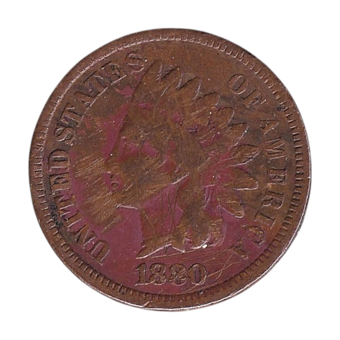 1880 United States Indian Head One Cent Bronze: This 1880 United States Indian Head cent offers a fascinating glimpse into everyday American commerce during the late nineteenth century when small copper coins traveled constantly through busy shops