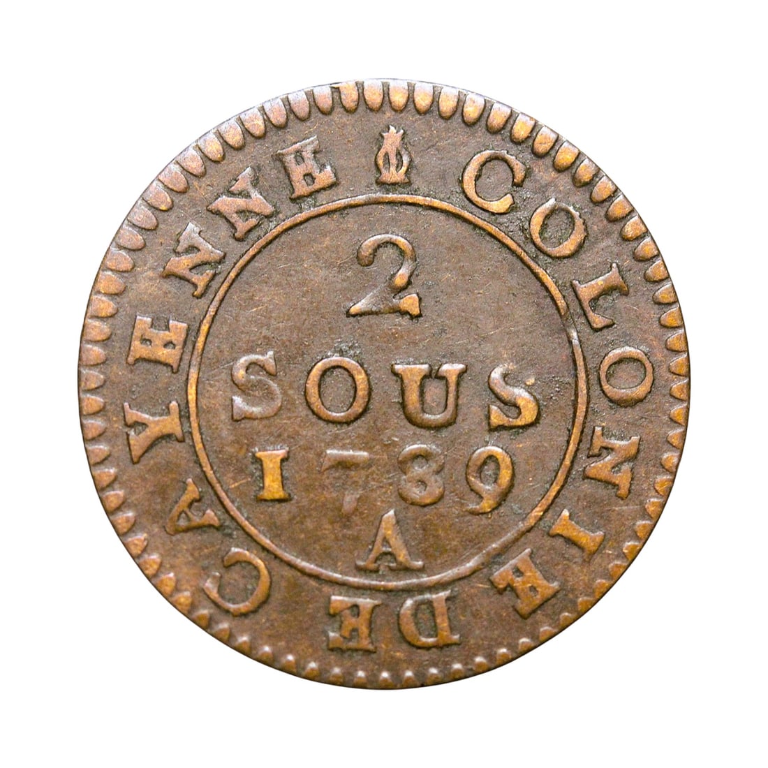 France Colonial Cayenne 2 Sous 1789 Louis XVI rare issue Silver Coppar Coin (1 of 1)