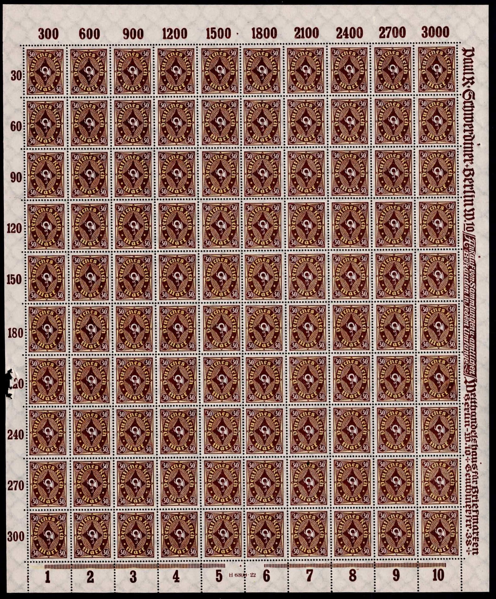 Germany 1922 Deutsches Reich 30 Mark Posthorn full sheet Michel 208P: This full sheet of the 1922 30 Mark “Posthorn” definitive issue of Reichsdruckerei represents a remarkable survivor from the turbulent early Weimar era, capturing both the technical ambition a