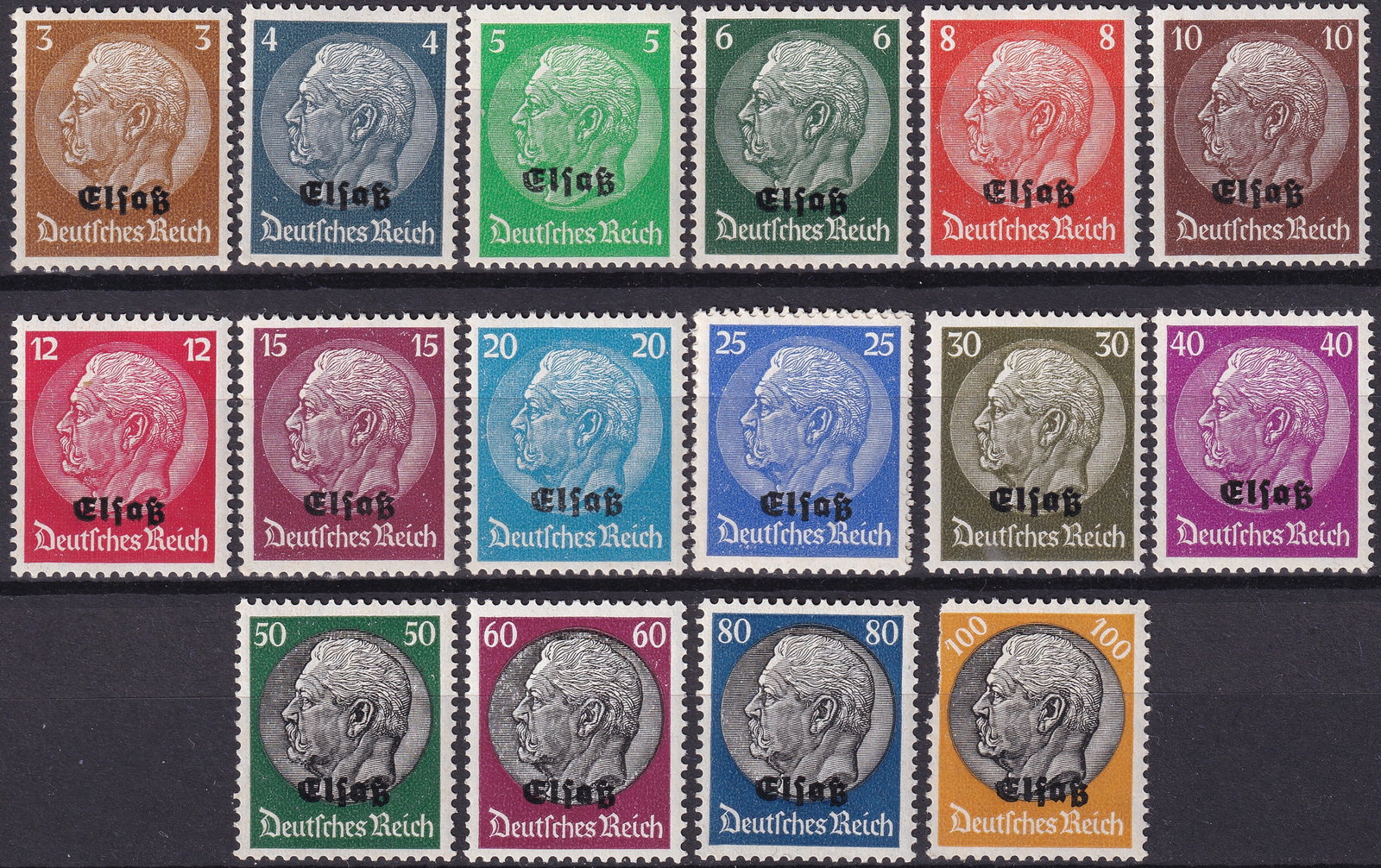 1940 Alsace German Occupation Complete Set Michel DE-EL 1–16 MNH: This lot comprises a complete mint never hinged set of the Alsace issue released during the German occupation of eastern France in the early phase of the Second World War, issued on 15 August 1940 and