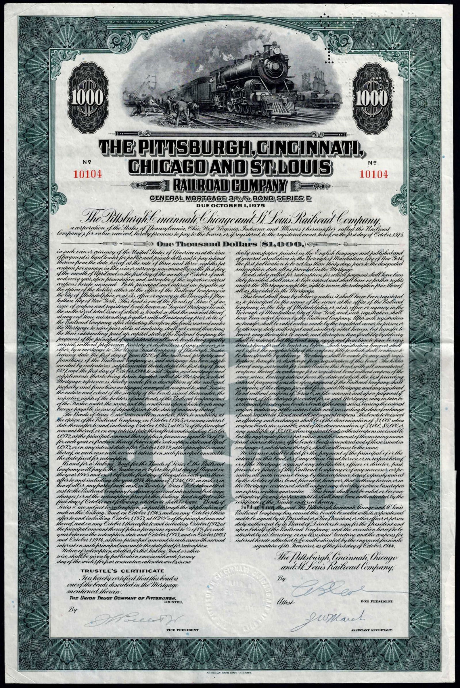 1915 USA Pittsburgh Cincinnati Chicago St Louis Railroad 1000 Dollars Bond 10104 (1 of 3)