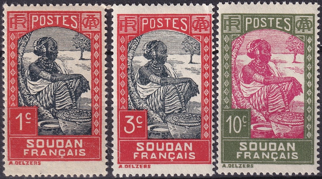 1931 French Colonia Sudan Definitives Scott FR SU 61 63 64: An attractive trio from French Sudan issued during the early colonial period showing the iconic seated woman motif designed by Antonin Delzers these classic colonial definitives capture both the artis