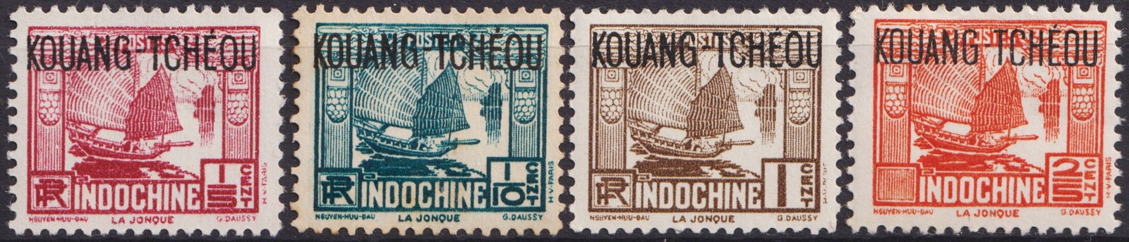 Kouang-Tcheou 1937–42 Indochina Overprints, Scott FR-KT 97/142: This remarkable group of four colonial issues from the French Post Office in Kouang-Tchéou, overprinted on standard Indochina issues between 1937 and 1942, offers a rare glimpse into the geopolitical