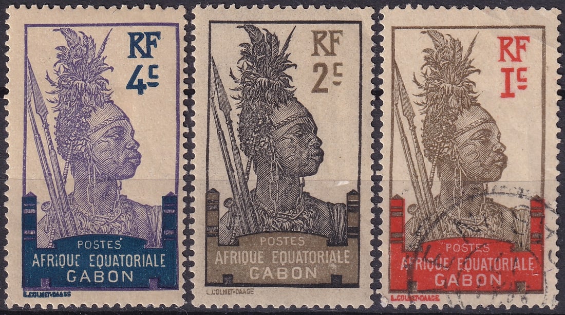 French Gabon 1911 Warrior Issue, Scott GA49–GA51, Mint & Used: Offered here is a fine group of early colonial issues from Gabon, part of the French Equatorial Africa “Warrior-Libreville-Bantu Woman” definitive series issued in January 1911. The stamps fea