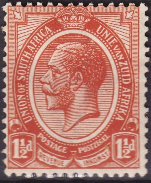 South Africa 1920 King George V Coil Issue 1½d Chestnut Brown Scott #19: Issued in 1920 by the Union of South Africa, this definitive stamp features the finely engraved portrait of King George V in profile, framed by an ornate design that reflects the dignity of the monarc