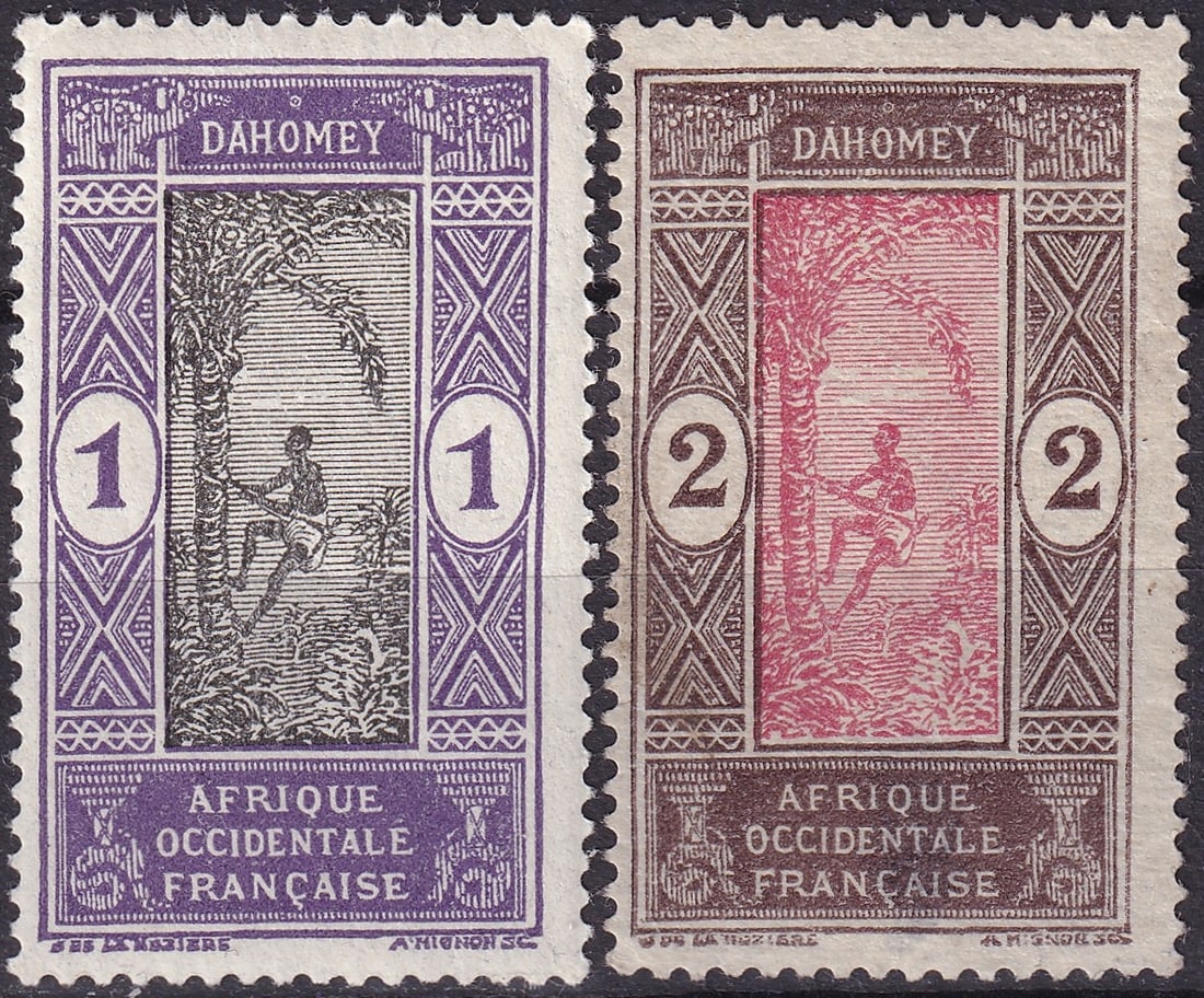 1913 Dahomey Definitives Afrique Occidentale Francaise Mi DY 42 and Mi DY 43: This lot comprises two classic definitive stamps from Dahomey, issued in 1913 as part of the long-running “Afrique Occidentale Française” colonial series that visually unified French West Afr