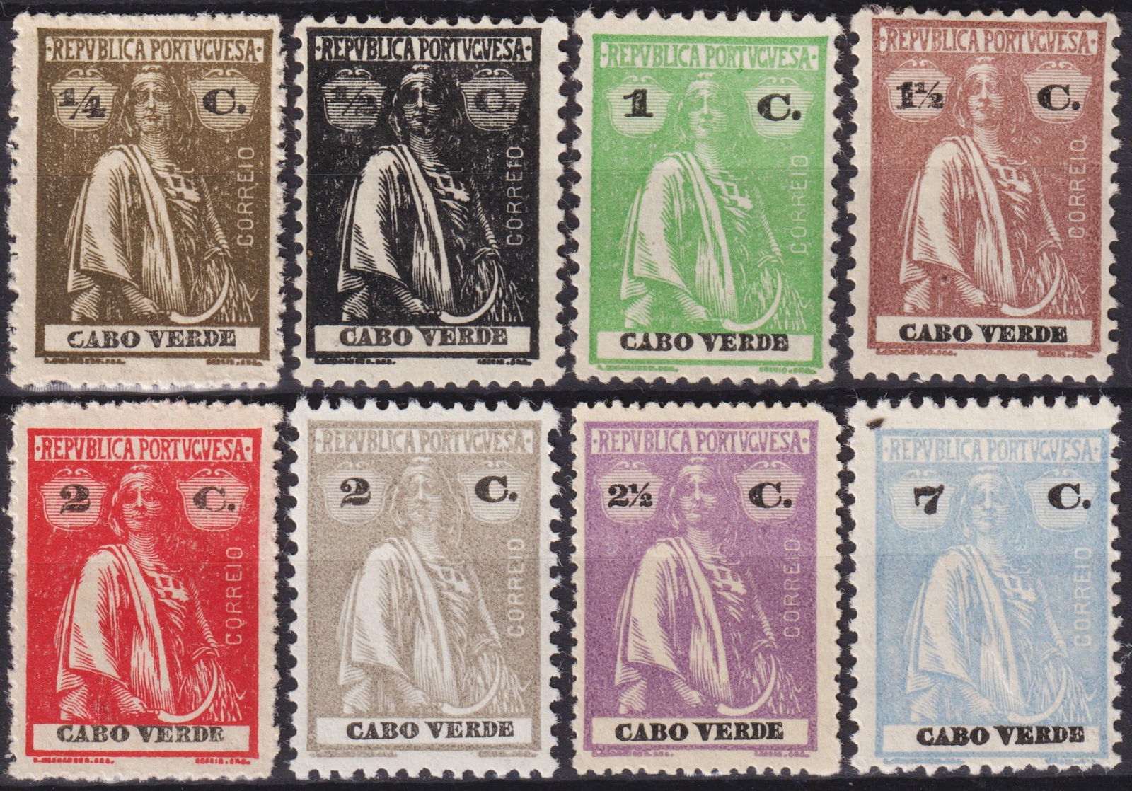 Portuguese Cape Verde 1926 Ceres Keyplate Overprints MNH Set Scott CV 162–183: This fine selection of Cape Verde definitive issues belongs to the iconic Ceres keyplate series of the Portuguese colonial empire, specifically the 1926 printing with surcharge overprints in centavos.