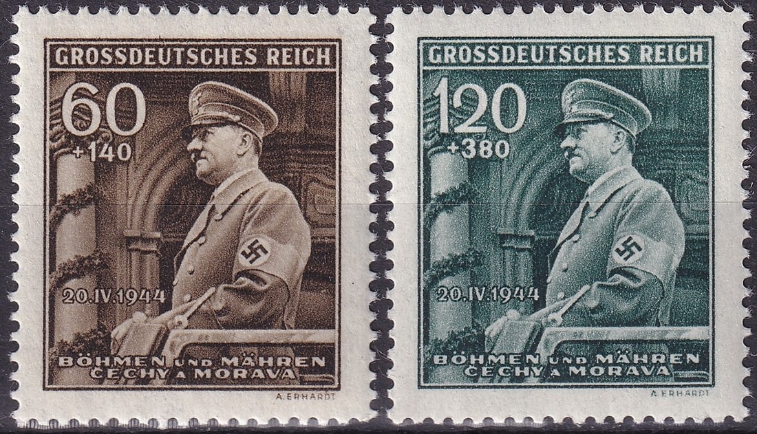 1944 Bohemia and Moravia Grossdeutsches Reich Michel DE-BM 136 137: This lot comprises a matched pair of semi-postal postage stamps issued in 1944 by Bohemia and Moravia under German administration, commemorating the 55th birthday of Adolf Hitler on 20 April 1944. The