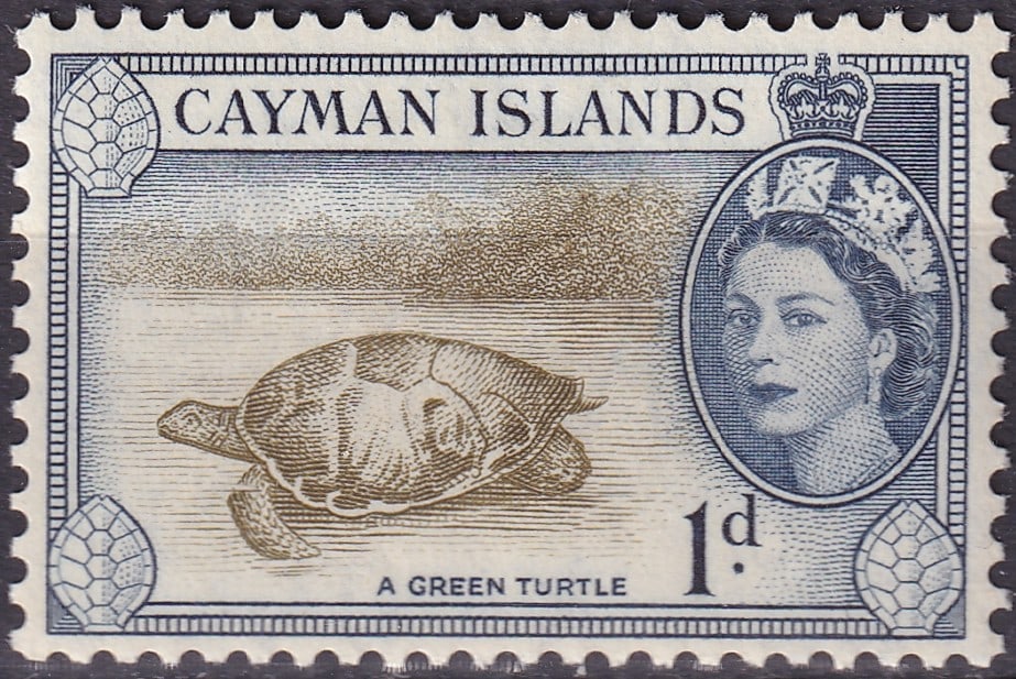Cayman Islands 1954 Queen Elizabeth II “Green Turtle?? 1d (Scott KY 137): Issued on July 7, 1954, under the reign of Queen Elizabeth II, this 1 penny definitive stamp from the Cayman Islands forms part of the celebrated “Local Scenes and Wildlife” series produced by