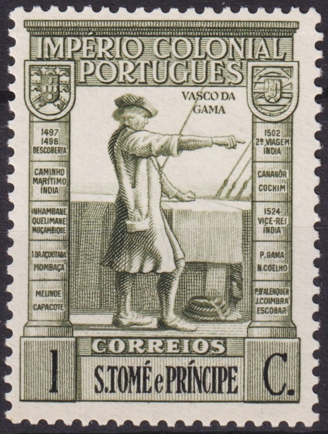 1939 Sao Tome & Príncipe 1c Vasco da Gama Olive Scott 323 ST#324: This 1939 definitive issue from São Tomé and Príncipe, listed as Scott 323 / Michel ST 324, forms part of the “Portuguese Colonial Empire” series celebrating notable figures from Portugal��