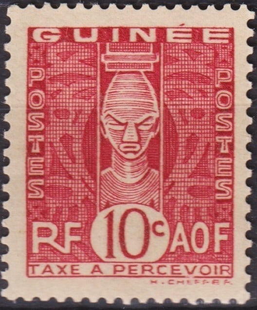 1944 French Guinea Postage Due 10c Carmine Mask without RF Scott J36 FR-GU#P36: Issued in 1944 and listed as Scott J36 / Michel FR-GU P36, this striking postage due stamp from French Guinea belongs to the celebrated Mask Series engraved by Henri-Lucien Cheffer. Printed in carmine