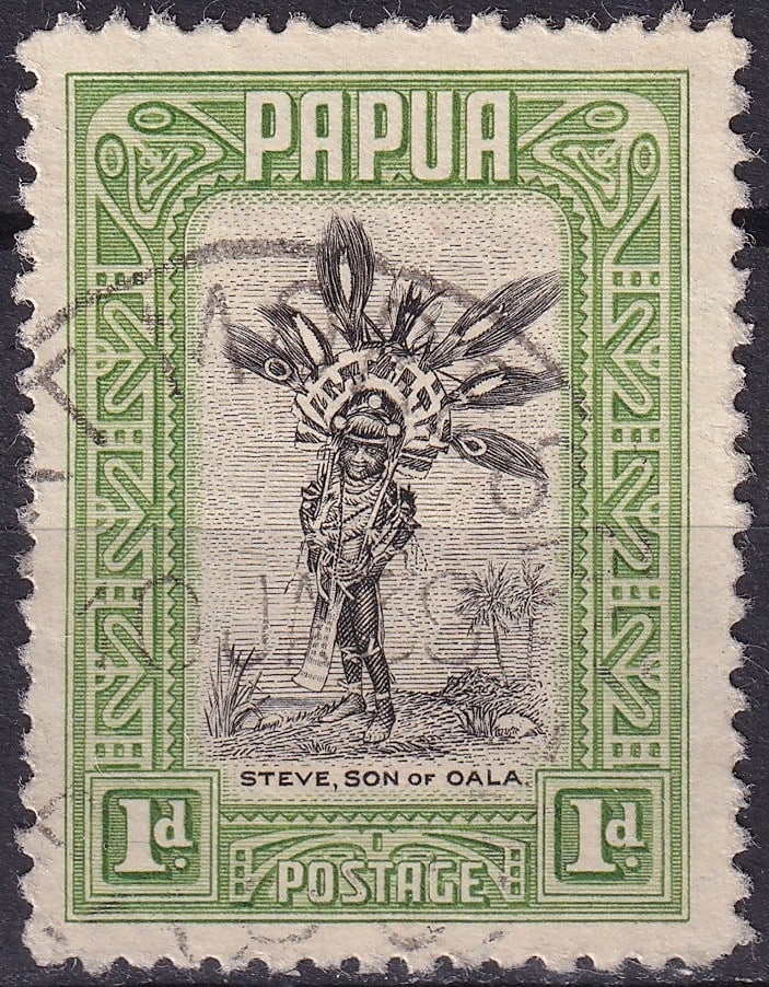 1932 Papua 1d Yellow-Green & Black "Steve, Son of Oala", Scott 95: Issued on November 14, 1932, this 1 penny stamp from Papua belongs to the celebrated "Papuan Life" series, engraved to depict aspects of indigenous culture and daily life. Catalogued as Scott 95, Mich