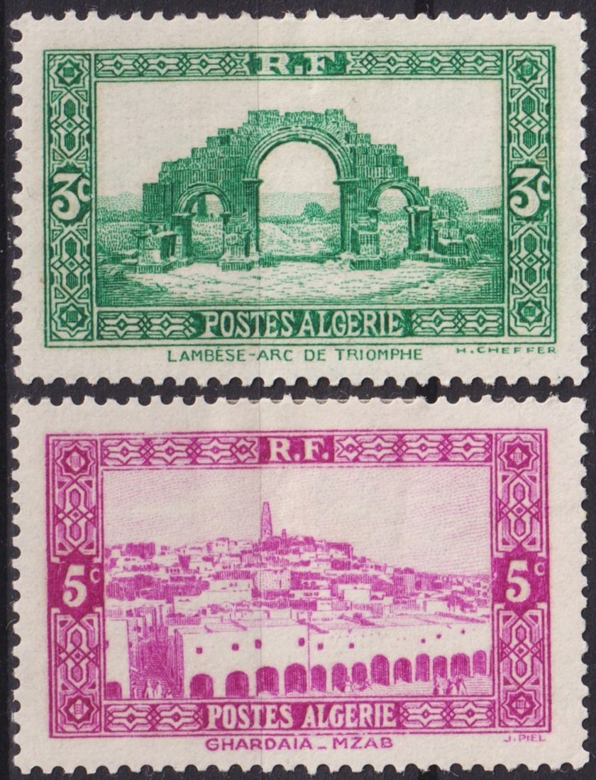 French Algeria 1936 Landscapes Issue 3c & 5c Engraved Stamps (Scott DZ 81–82): This lot features two engraved definitive stamps from Algeria’s 1936 Landscapes and Buildings issue, printed by gravure. The 3 centimes value in blue-green (Scott DZ 81, Michel DZ 105, Yvert DZ 103,
