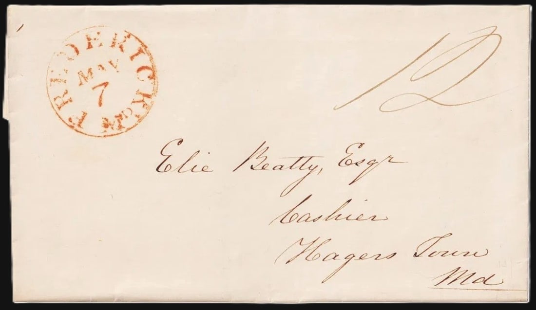1842 US stampless cover, red Frederick MD postmark, 12c rate (1 of 2)