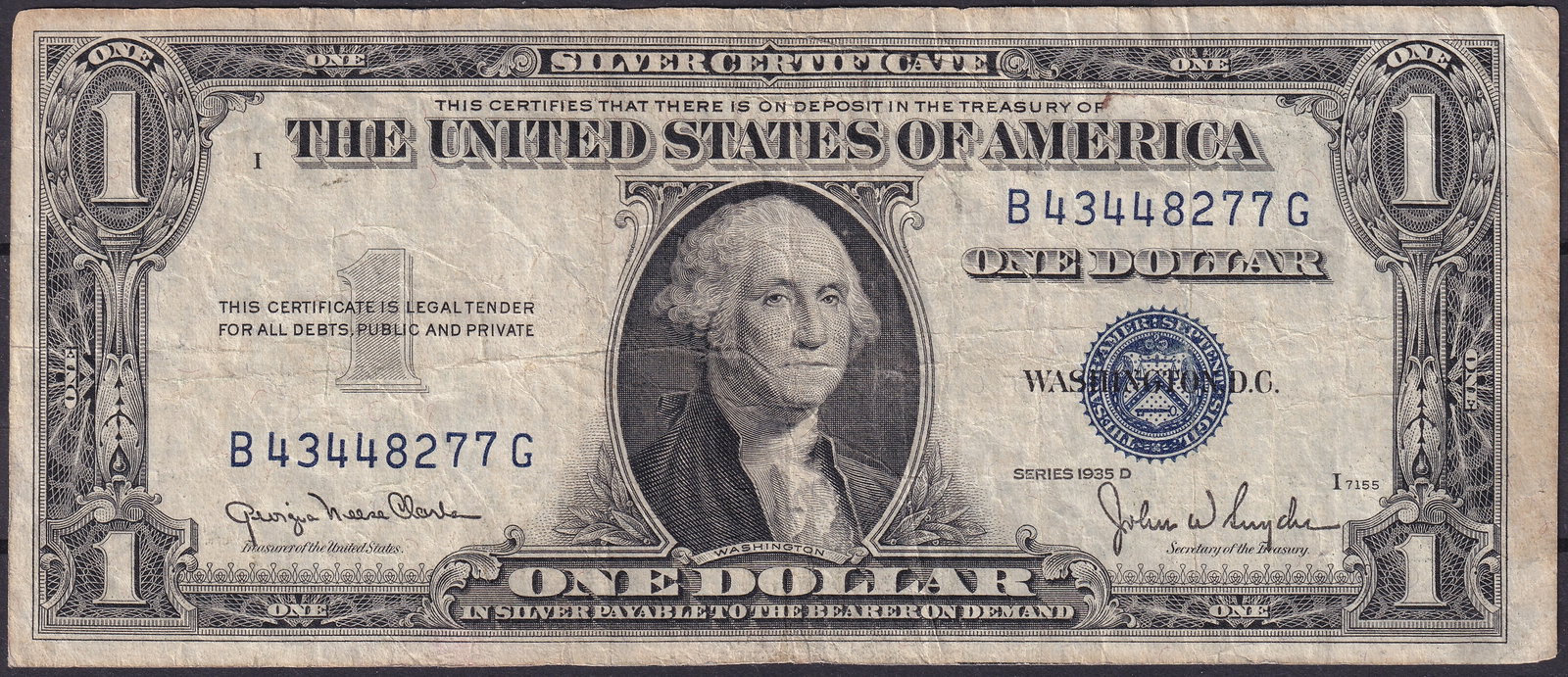 USA $1 Silver Certificate 1935 D – Serial B43448277G (1 of 2)
