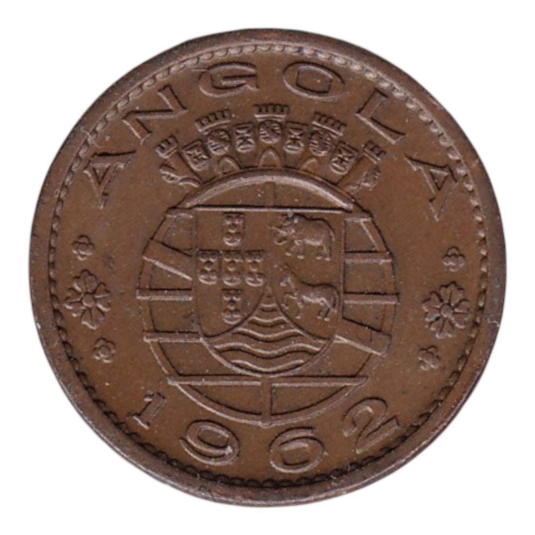 Portuguese Angola 1962 20 Centavos, Portuguese Colonial Coin KM# 75: This 1962 bronze 20 Centavos coin from Angola was issued under Portuguese colonial administration and is catalogued as KM# 75. The obverse features the Portuguese colonial coat of arms surmounted by a