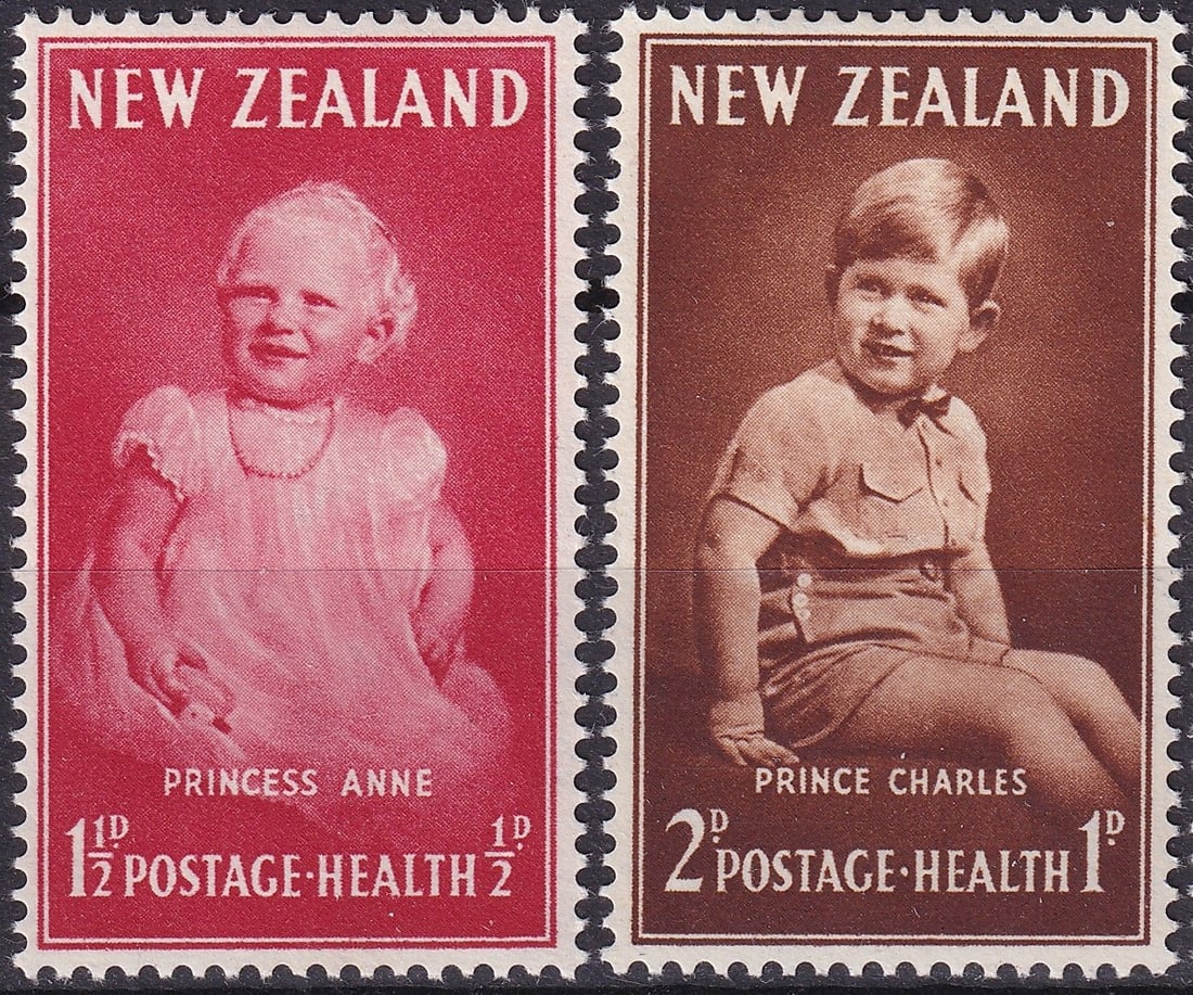 British 1952 New Zealand Health Stamps Princess Anne & Prince Charles Scott B40-B41: Issued in New Zealand on October 1, 1952, this commemorative semi-postal set features charming portraits of young Princess Anne and Prince Charles, each depicted in a dignified yet intimate style that