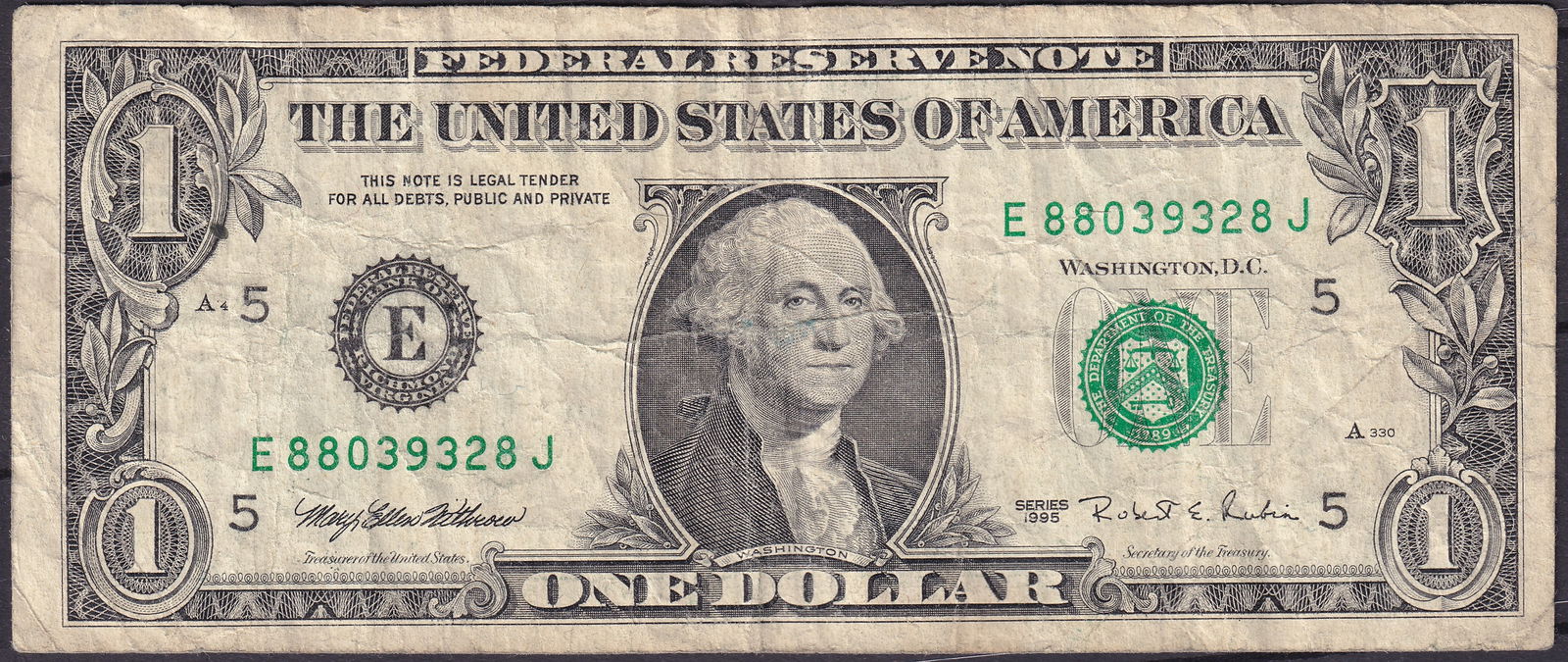 United States 1995 $1 Federal Reserve Note, Serial E88039328J (1 of 2)