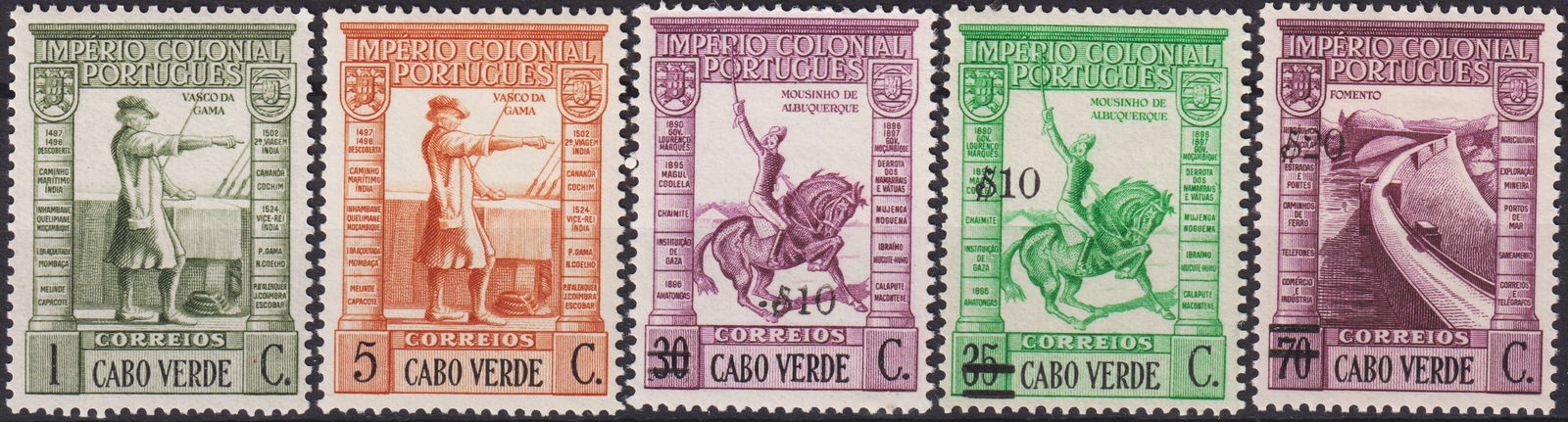 Portuguese Cape Verde Colonial Issue 1938 Surcharged Set MNH Scott #242–246, 271: This set of five postage stamps from Cape Verde, issued in 1938 under the Portuguese Colonial Empire series, presents surcharged values on earlier definitive designs celebrating figures and achievemen