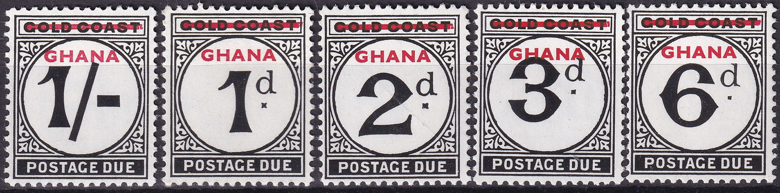 1958 Ghana Numerals Postage Due Set Scott J1 J2 J3 J4 J5: This complete 1958 Ghana Numerals postage due set presents one of the earliest issues of the newly independent nation, created through overprints on former Gold Coast postage due stamps produced by De