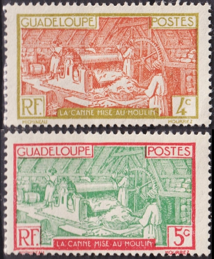 French 1928 Guadeloupe Industrial Definitives 4c Olive/Orange-Brown & 5c Carmine/Green: Issued on June 18, 1928, these striking definitive stamps from Guadeloupe belong to the industrial-themed series designed by Georges Hourriez and Michineau, printed by typography. The design, titled "