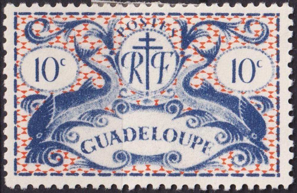 France 1945 Guadeloupe 10c Marine Life with Dolphins, Scott GP 168: Issued in 1945 under French colonial administration, this 10 centimes stamp from Guadeloupe belongs to the so-called “London Air Mail” design series, yet it was used as a regular definitive is