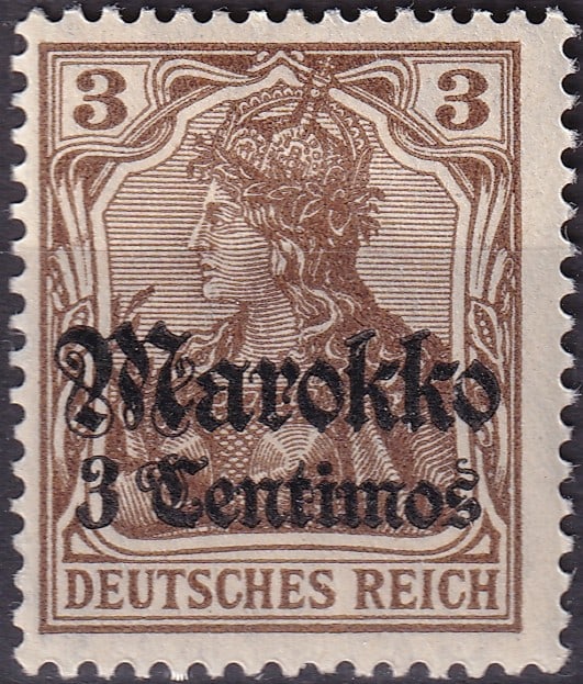 1911 Morocco German Post Office 3 Céntimos Overprint (Scott 45): Issued on January 23, 1911, this 3 Céntimos stamp from the German Post Office in Morocco represents the final stage of Germany’s postal presence in North Africa before World War I. Based on the 190