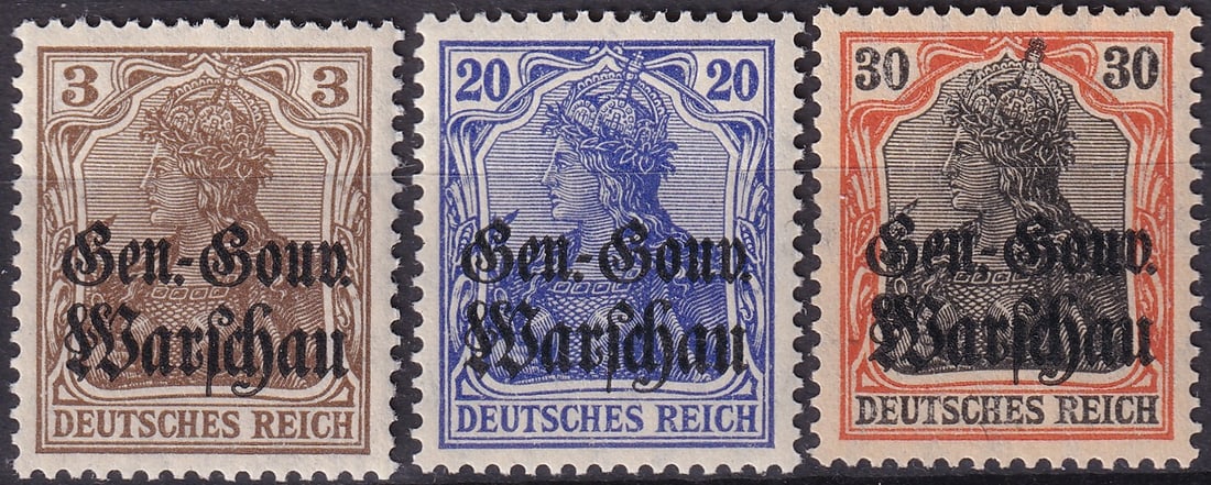 German Occupation of Poland 1916 “Gen.-Gouv. Warschau?? Overprint 3pf 20pf & 30pf Germania: Issued between August 1 and August 17 1916 these typographed overprinted issues from the German occupied territory of the General Government of Warsaw belong to the second definitive series produced u