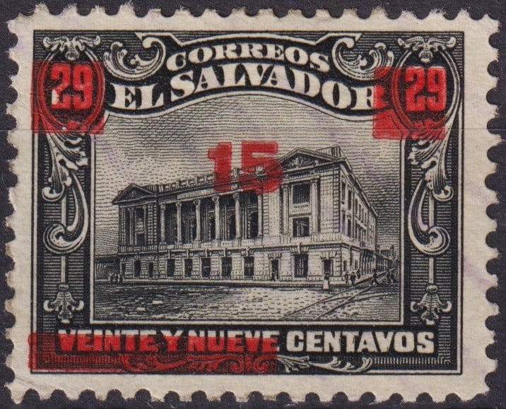 1918 El Salvador OVP 15c on 29c National Theatre Black Scott 463: This engraved commemorative stamp of El Salvador, listed as Scott 463 / Michel SV 386I, was issued in 1918 as part of the provisional surcharge series applied to earlier definitive issues. The origina