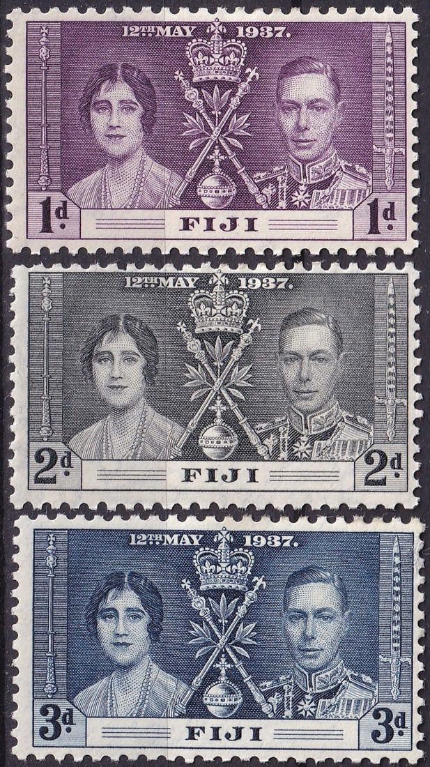 1932 Papua 1d Yellow-Green & Black "Steve, Son of Oala", Scott 95: Issued on May 12, 1937, this commemorative set from Fiji honors the coronation of King George VI and Queen Elizabeth, an event celebrated throughout the British Empire and its colonies. Printed by Bra