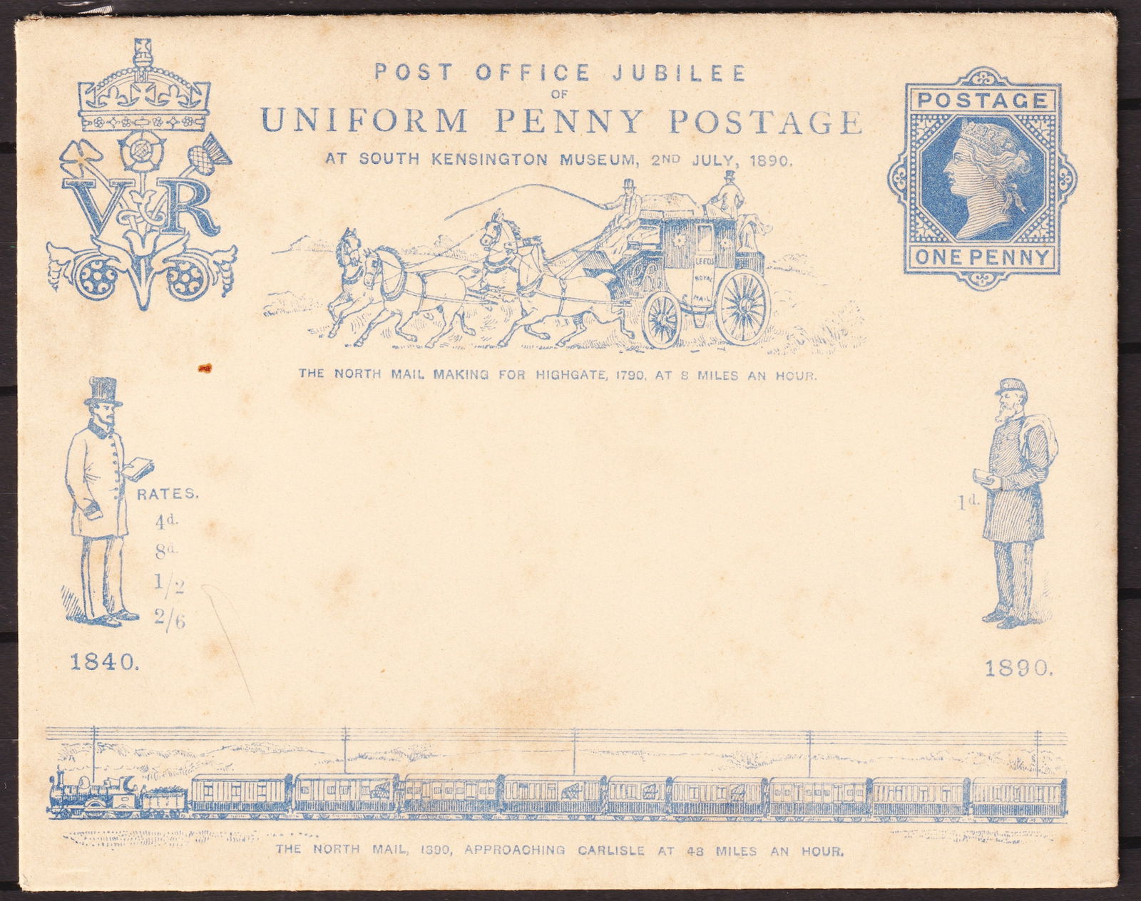 1890 HK Great Britain Penny Post Jubilee 1d Blue Cover and Card: Issued for the famous Post Office Jubilee at South Kensington Museum on 2 July 1890, this complete commemorative set comprises the original 1d blue pictorial envelope together with its matching illust