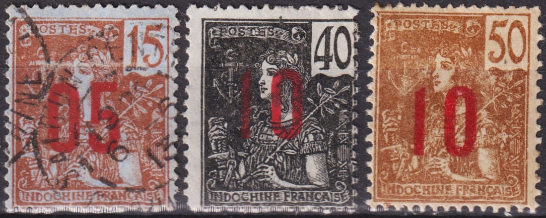 1912 French Indochina Grasset Surcharged Issues, Scott 80–82: This trio of surcharged definitives from French Indochina, issued in 1912, represents the well-known Grasset Type design, originally created by Eugène Grasset, one of the foremost French Art Nouveau