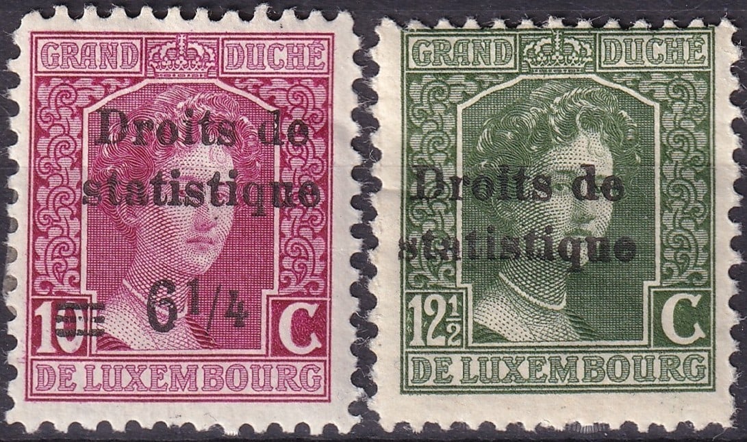 1919 Luxembourg Revenue “Droits de Statistique?? Overprints Scott — incl. Unlisted 6¼: Exceptional pair of 1919 Luxembourg Revenue stamps “Droits de Statistique”, listed in Scott Fiscal section (unpriced), comprising the 12½ centimes green (Scott F–, Colnect LU 1914-01)