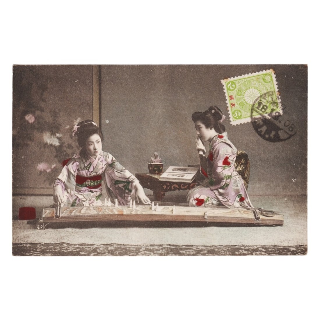 1908 Tangku, Geisha postcard with 2s Chrysanthemum red ovpt, Japan PO in China (1 of 2)
