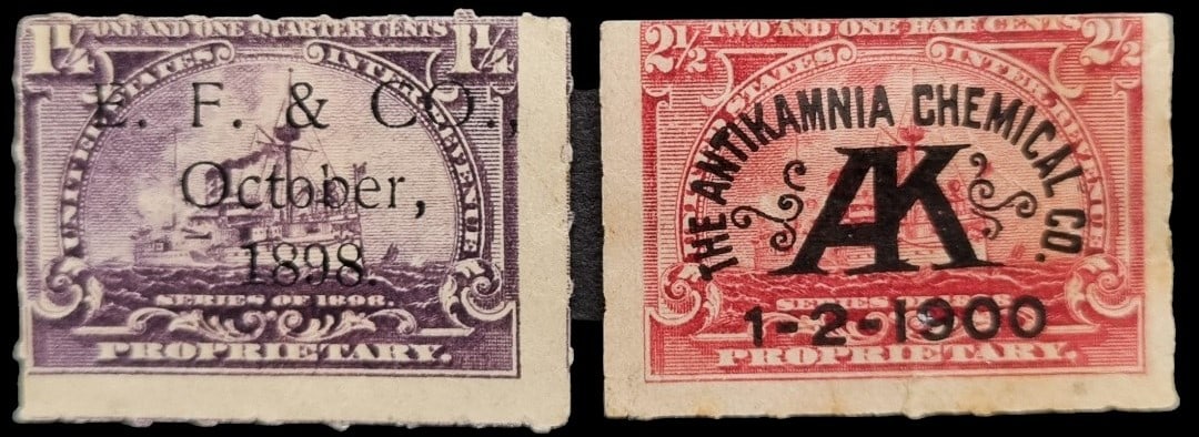 USA 1898-1900 Proprietary Stamps, E.F. & Co., The Antikamnia Chemical Co., Sc RB25, RB28, MNH (1 of 2)