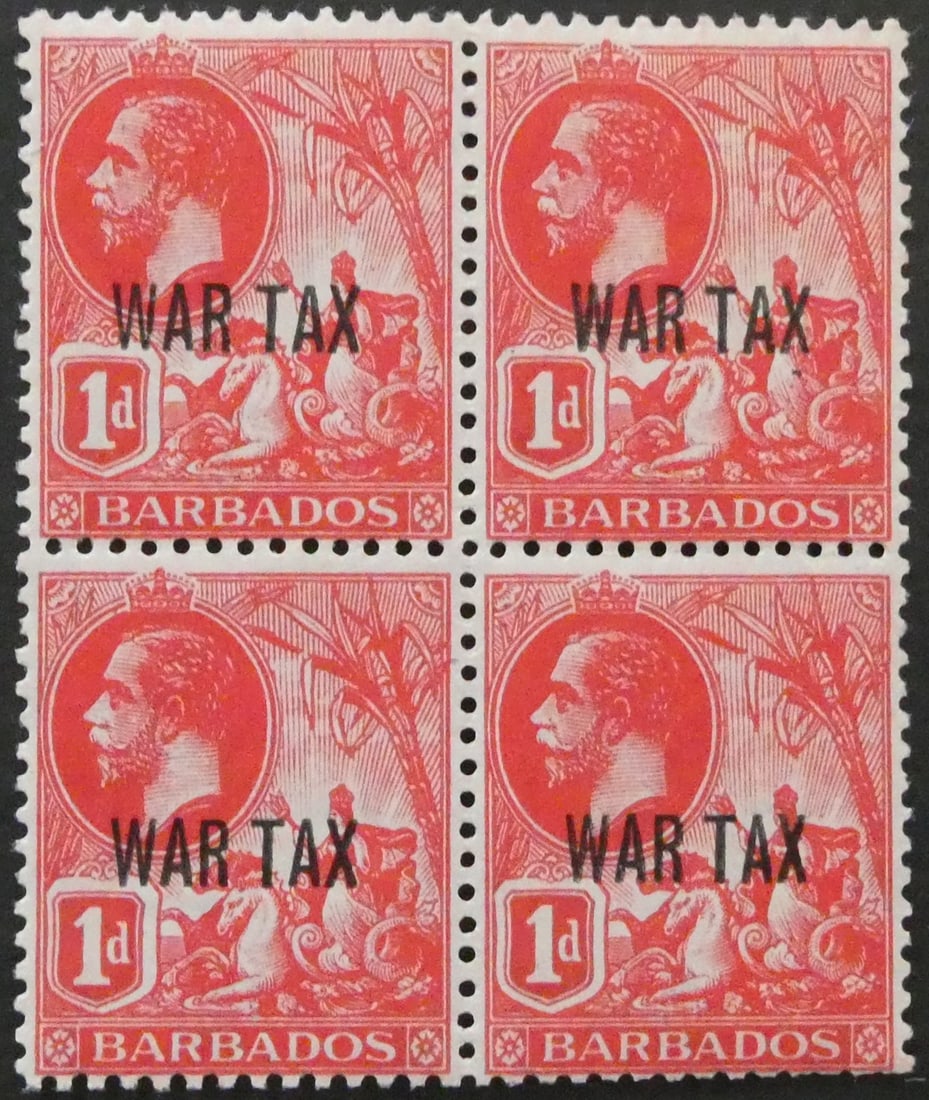 1917 Barbados War Tax Block of 4, SG 198, Mint Never Hinged: This is a well-preserved block of four 1917 War Tax overprinted postage stamps from Barbados, catalogued as Stanley Gibbons SG 198. The stamps, originally 1 penny red definitive issues featuring the l