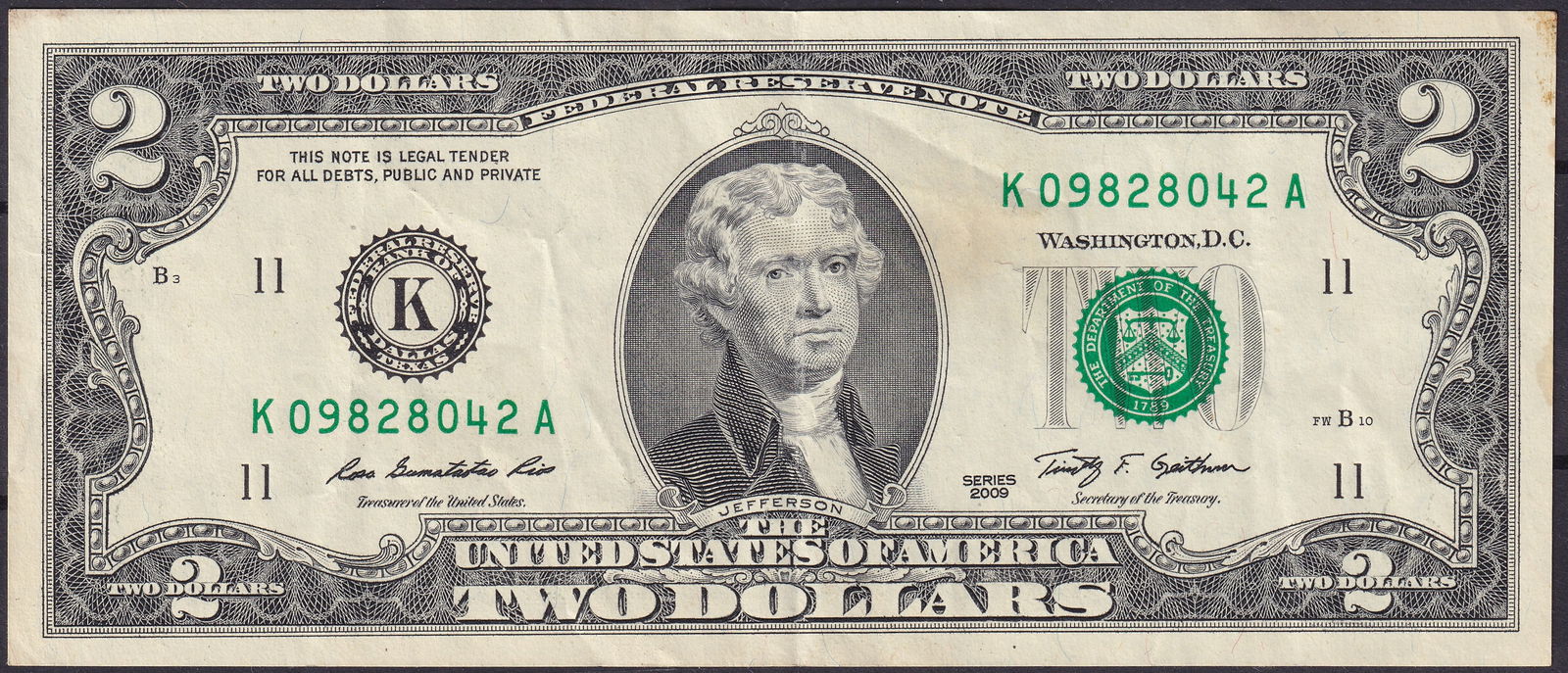 United States $2 Federal Reserve Note 2009 Series (1 of 2)