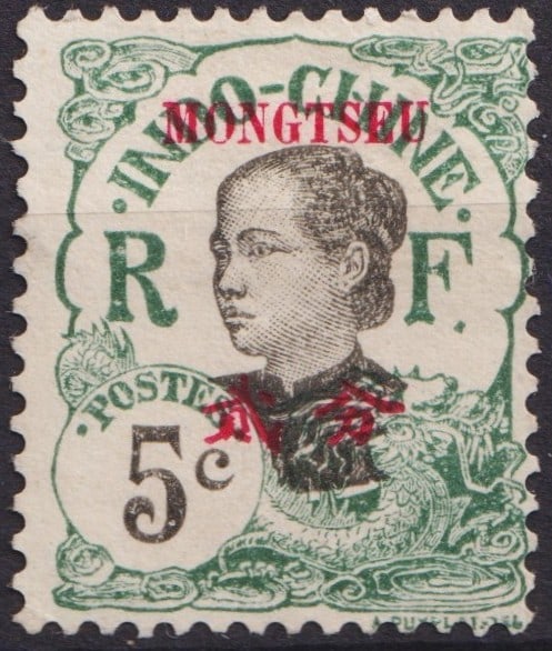 1908 French Post Office Mong-Tzeu Overprint, Scott FR-MT 36, 5c Green/Black: Issued in 1908 for use at the French Post Office in Mong-Tzeu, Yunnan Province, this scarce colonial issue features the portrait of a young woman within elaborate ornamental scrollwork, printed in gre