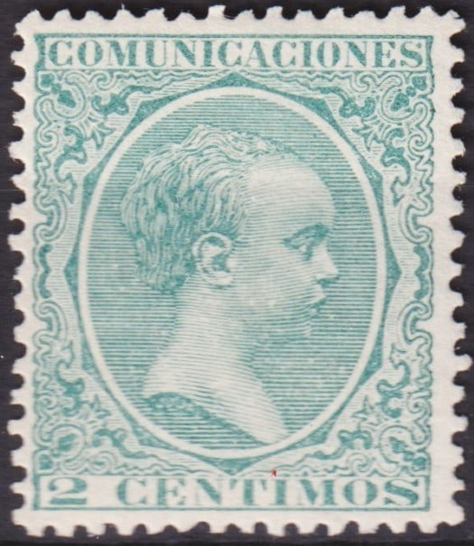 1889 Spain 2c King Alfonso XIII “Pelón?? Green Scott 255: Issued on 1 October 1889, this definitive stamp of Spain, listed as Scott 255 / Michel ES 189, features the youthful portrait of King Alfonso XIII in profile within an ornate frame bearing the inscrip